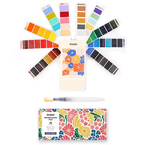 Grabie Foldable Watercolor Paints Set (56 Colors) with Water Brush - Compact Portable Painting Tool, School Supplies Including 10 Metallic, 10 Macaron, 36 Classic Hues, Watercolor Palette, Sliding Panel - Premium Art for Kids Kit, Drawing Supplies Kit