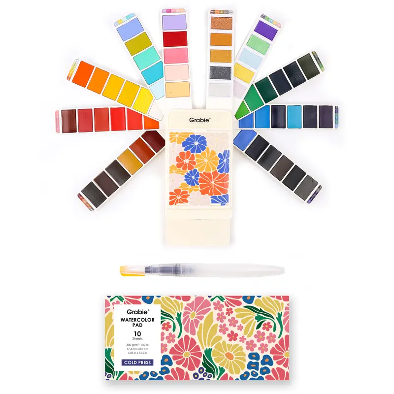 Grabie Foldable Watercolor Paints Set (56 Colors) with Water Brush - Compact Portable Painting Tool, School Supplies Including 10 Metallic, 10 Macaron, 36 Classic Hues, Watercolor Palette, Sliding Panel - Premium Art for Kids Kit, Drawing Supplies Kit