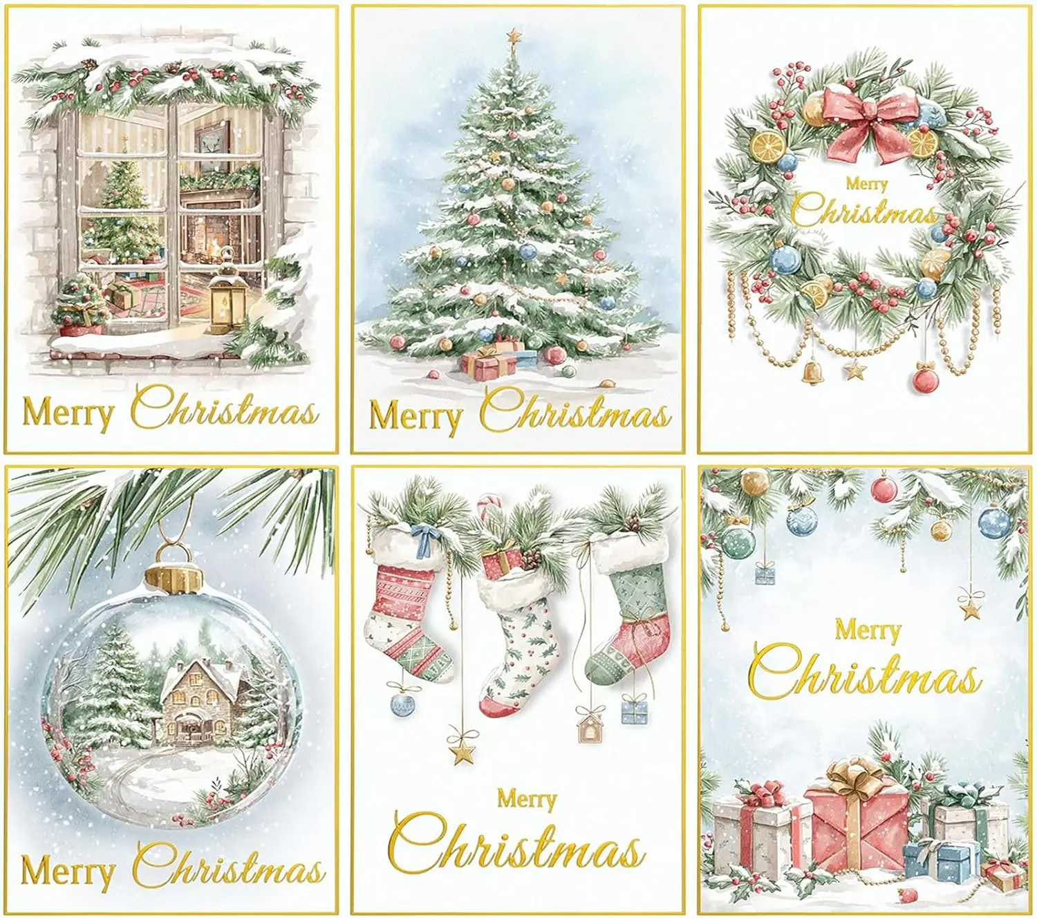 5D Diamond Painting 6 Panels Set Watercolor Christmas Tree Wreath Stocking Snow Winter Scene Xmas Crystal Rhinestone Holiday Wall Decor Gift