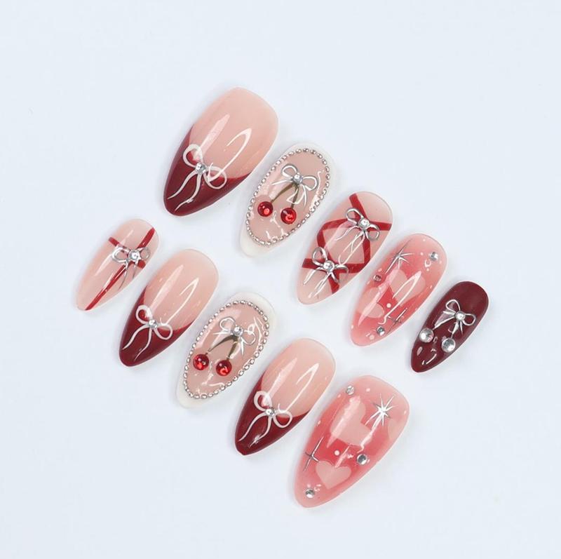 Press On Nails Cherry Charm with Silver Bows | 3D Pearl & Heart Nail Art in Medium Almond | Handmade Elegant Nail Art for Holiday, Birthday Satamiis