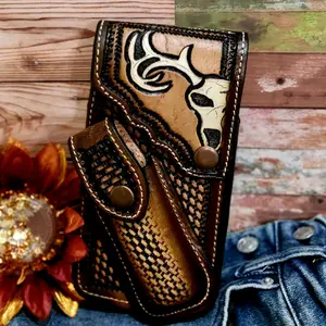 Deer head skull face Holster Genuine Leather Phone Belt Holster and Knife Holder Handtooled and handpainted Handmade in Mexico