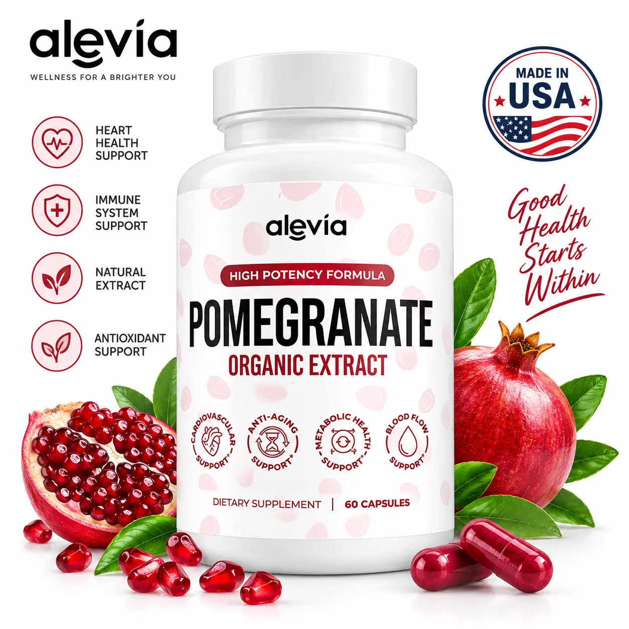 Alevia Pomegranate Extract Capsules, 60 Count, Organic Fruit Extract, Antioxidant Nutritional Support, Convenient Daily Supplement