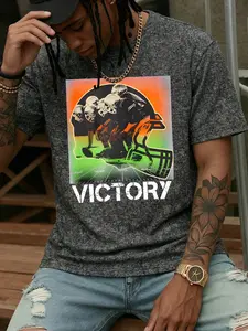 Men's Washed Vintage Snowflake Short Sleeve T-Shirt, Victory Sports Print, Loose-Fitting H-Type, Plain Pattern, Long Clothing Length