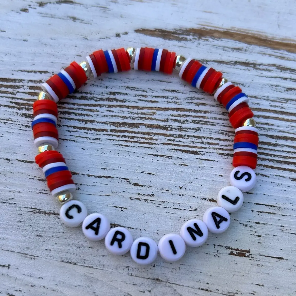 Handmade “Cardinals” Baseball Bracelets - Heishi Beads, Customizable Stretchy Bracelet