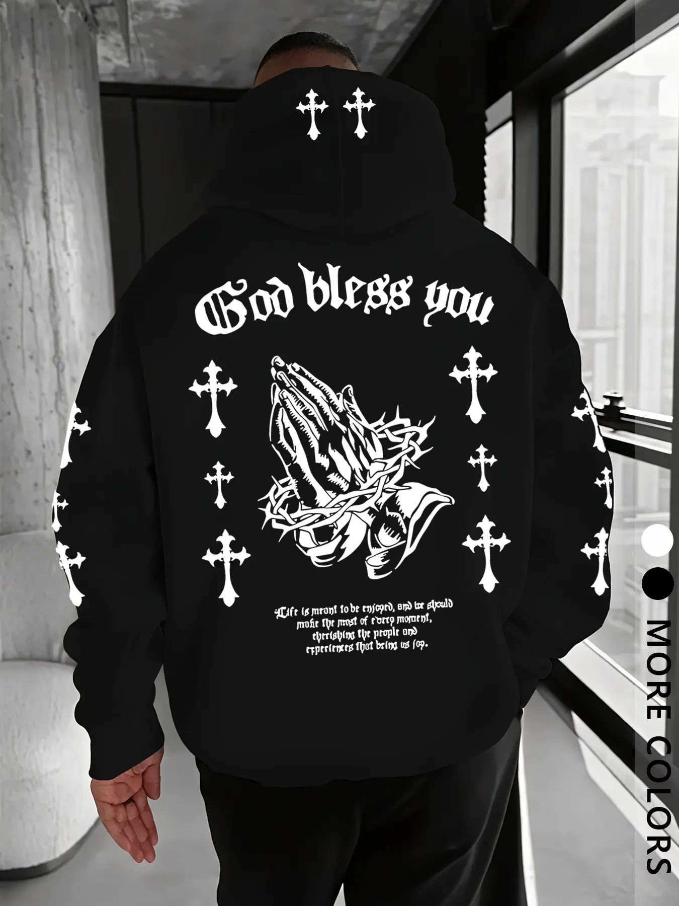 Unisex Streetwear Cross Print Fitted Long Sleeve Hoodie, God Bless You Letter Pattern, Fall & Winter loose Sweatshirt, Casual Hooded Sweatshirts, Faith believer culture Y2K Hip Hop Casual Fashion Style, Men's Gift Tops