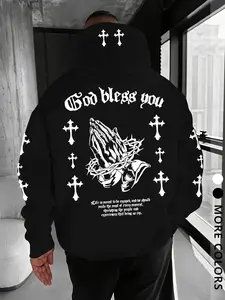 Unisex Streetwear Cross Print Fitted Long Sleeve Hoodie, God Bless You Letter Pattern, Fall & Winter loose Sweatshirt, Faith believer culture Y2K Hip Hop Casual Fashion Style, Men's Gift Tops