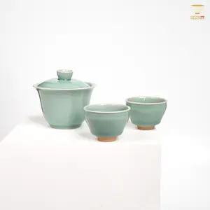 Jin Hongyang · Celadon Pink Blue Tea Set (3-Piece)｜One Gaiwan & Two Cups · High-Fired Porcelain · Elegant Gift Box · Ideal for Gongfu Brewing