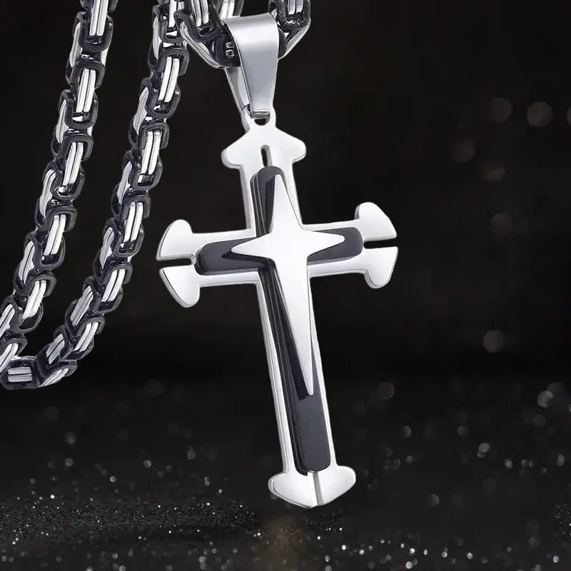 Men's Byzantine Chain Cross Necklace, 3D Layered Stainless Steel Crucifix Pendant, 24" Two Tone Gold Black Silver Punk Rock Biker Jewelry Gift