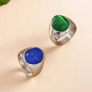 Hip Hop Punk Style Green Oval Synthetic Gemstone Stainless Steel Men's Ring Handsome and Fashionable Daily Casual Wear Jewelry