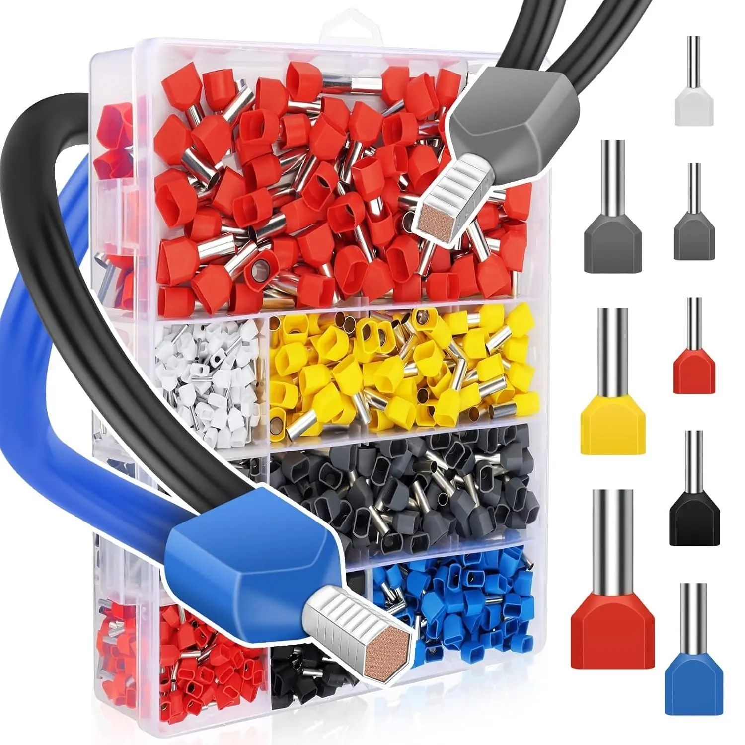 750Pcs 8-22 AWG Dual Bootlace Ferrule Kit Wire Ferrules Twin Ferrules Connectors Wire Terminal Connector, Insulated Cord Pin End Terminal Great Assortment Ferrules Kit