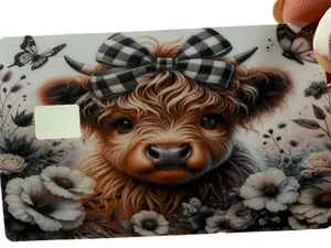 Anime Custom Credit Card Skin - Black and White Plaid Highland Cow Design -
