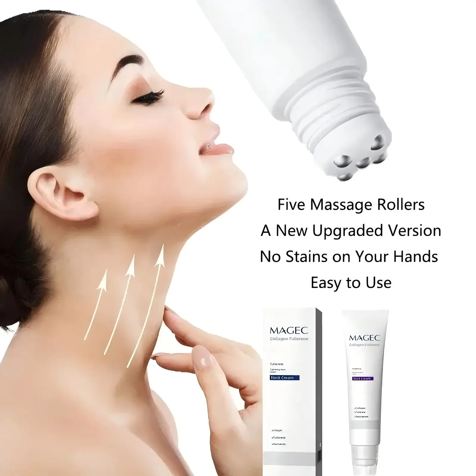 High Quality Non-Toxic Collagen Neck Firming Cosmetic Cream with 5 Rollers for Massage Neck, Hyaluronic Acid, Vitamin C+E - Reduces Wrinkles & Double Chin, Relieves Edema, Suitable for Adults with Wrinkled Skin