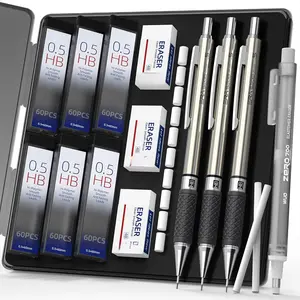 0.5mm Metal Mechanical Pencil Set with Eraser Pen, 3 count Art Drafting Pencil with 360 HB Lead Refills, 3 count 4B Erasers, 12 Eraser Refills Storage Case for Student Artist Writing, Drawing, Sketching