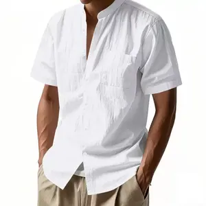 Men’s summer linen breathable cardigan, loose-fit casual stand collar beach short-sleeve shirt, solid color plain fashion top in European and American style, Shortsleeve, Menswear tiktokshopspringglowup