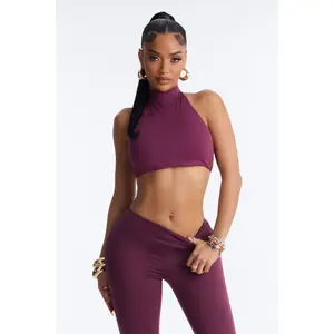 Second Skin Padded Backless Mock Neck Halter Top - Plum