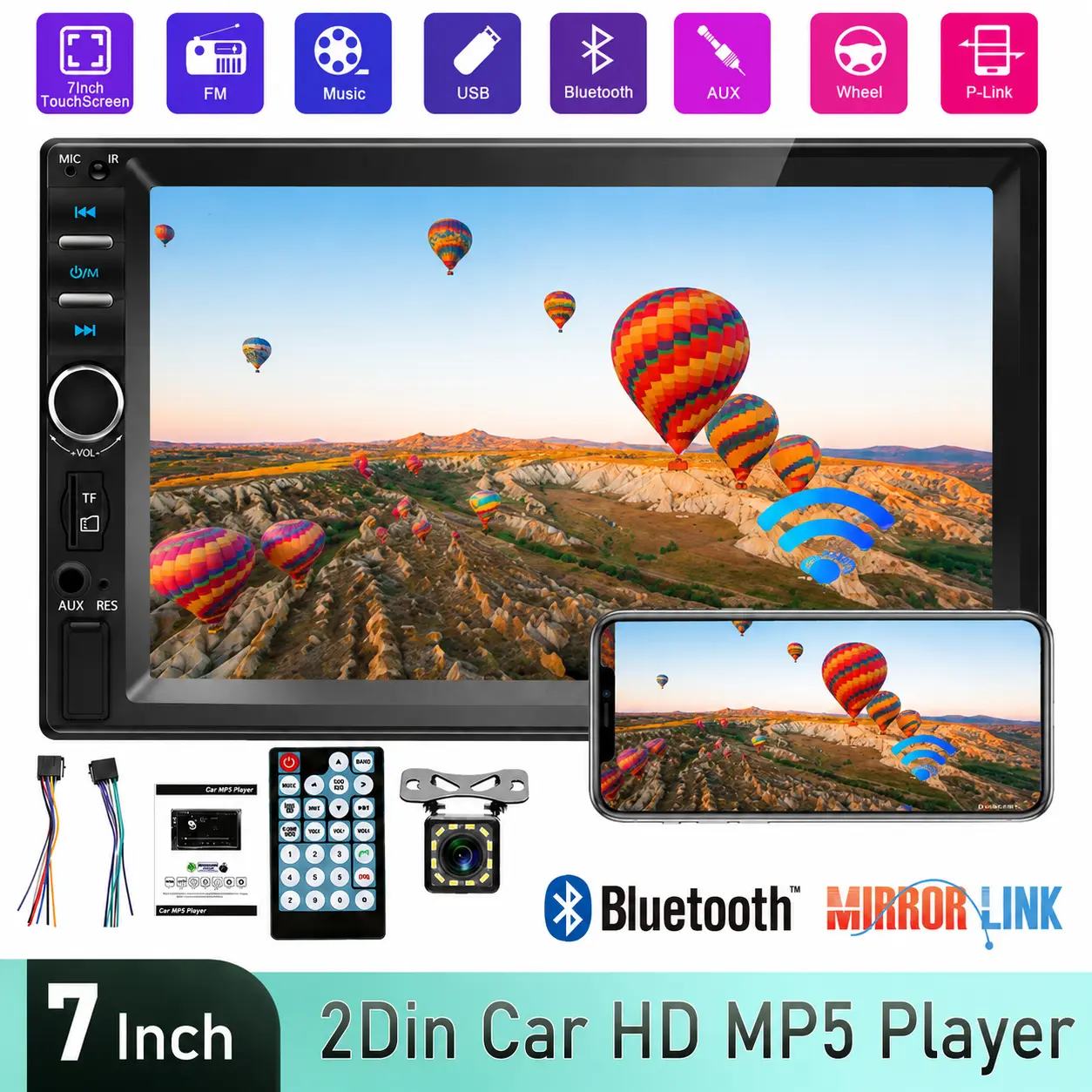 【DealsForYou】7" HD Double Din Car Stereo with Backup Camera, Bluetooth Hands-Free Calling, Mirror Link Touchscreen Radio, FM Receiver, USB/TF/AUX Multimedia Player