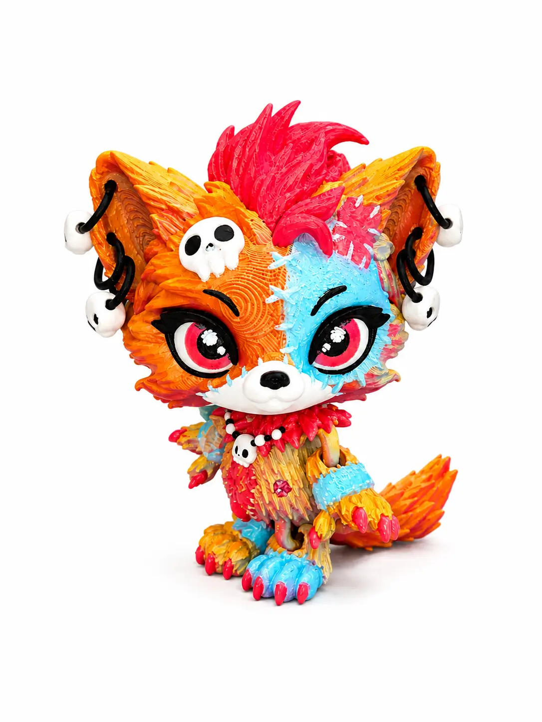 Lupa the Voodoo Wolf Pup small 4" — Articulated 3D Printed Stitch figurine Wolf w/ Skull Earrings