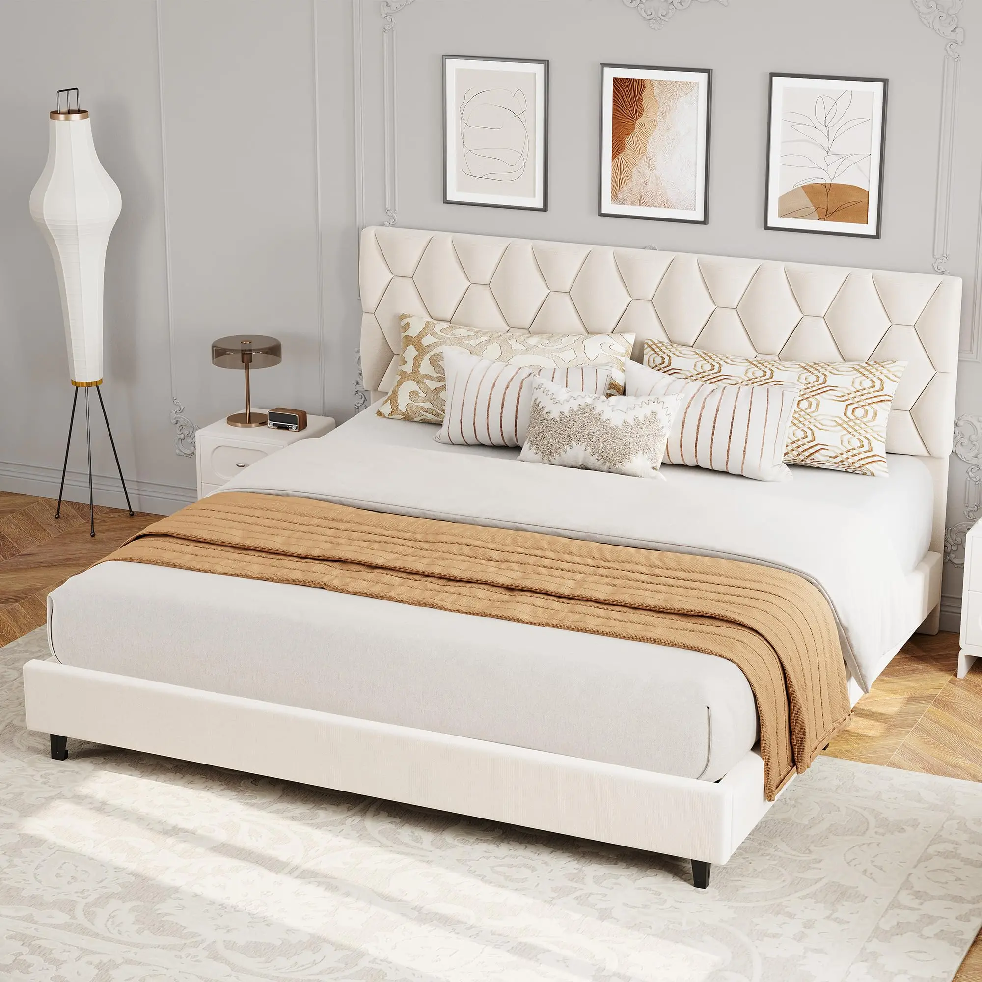 Garvee Contemporary King Size Bed Frame - Adjustable Long Upholstered Headboard, Heavy-Duty Durable Platform Bedframe, Slatted Base, No Box Spring Needed, Noise-Free, Easy Setup & Assembly, Ivory White