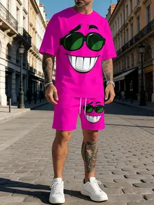 Men's 3D funny emoji print casual fashion set, summer sporty crew neck short-sleeved top and drawstring shorts two-piece set, suitable for outdoor street wear.