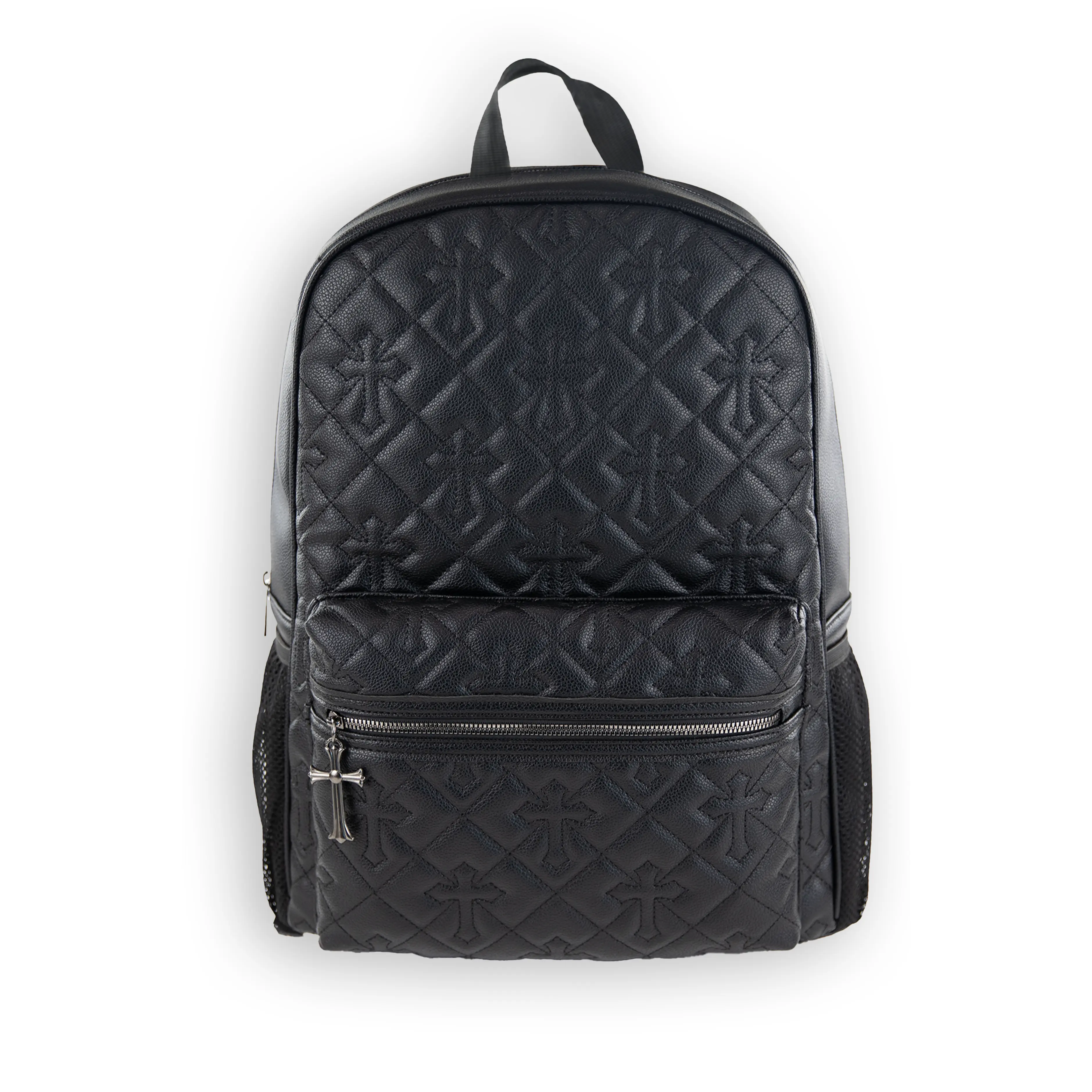 15" Quilted Fabric Backpack with Embossed Cross Motif, Zippered Pockets for Daily Use
