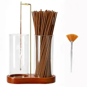 Incense Holder with 2 High Glass Bottle,Wooden Base Incense Stick Holder for Desktop,Incense Burner for Ash Collection,Ash Container