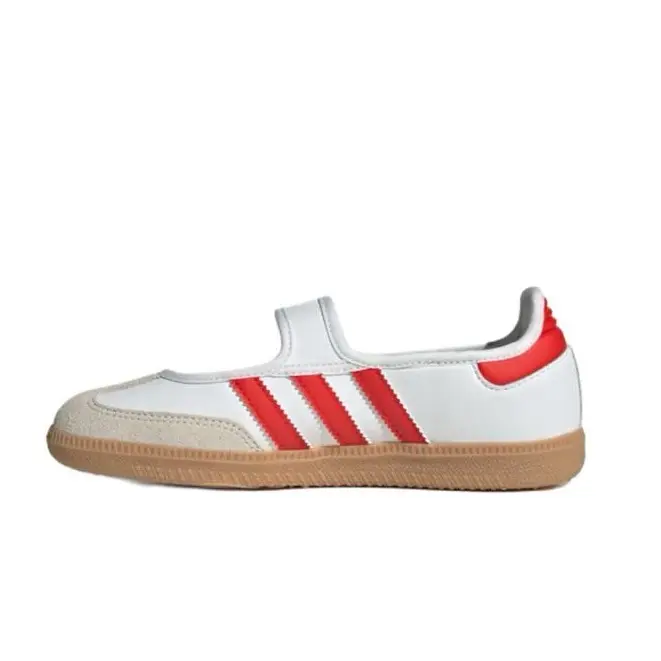 Adidas Samba Jane Sneakers for Women & Youth, a Modern Design in Clean White Leather with Red Stripes and Gum Rubber Sole, Shoes, Women's, Sporty Chic