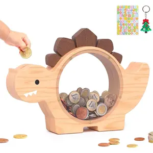 Wooden dinosaur piggy bank for boys cute dino money bank for kids toddlers unbreakable wood coin bank creative saving money jar personalized present for child birthday decor