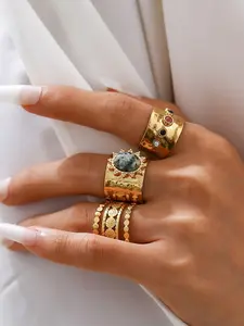 Gold Ring Set, Boho Vintage Jewelry with Gemstone & Irregular Design for Women's Daily & Party Wear, Stackable Rings, Stacking Ring Set