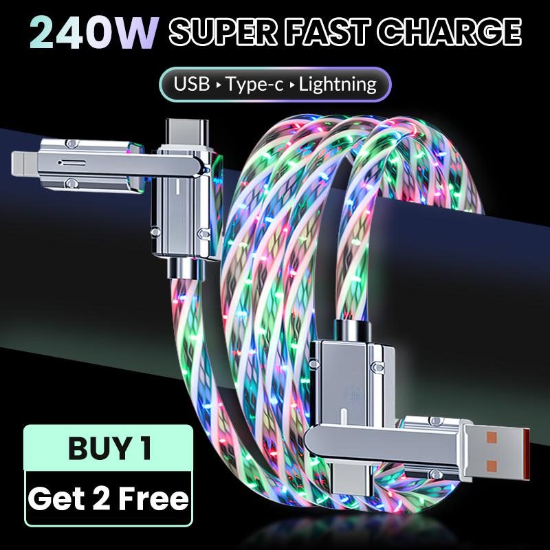 [Buy 1 get 2 free]2-in-1 240W RGB Flowing Light Fast Charging Cable, Zinc Alloy Rotatable Multi-Interface Cord, Compatible with iPhone Android, Luminous USB Type-C Lightning Charger