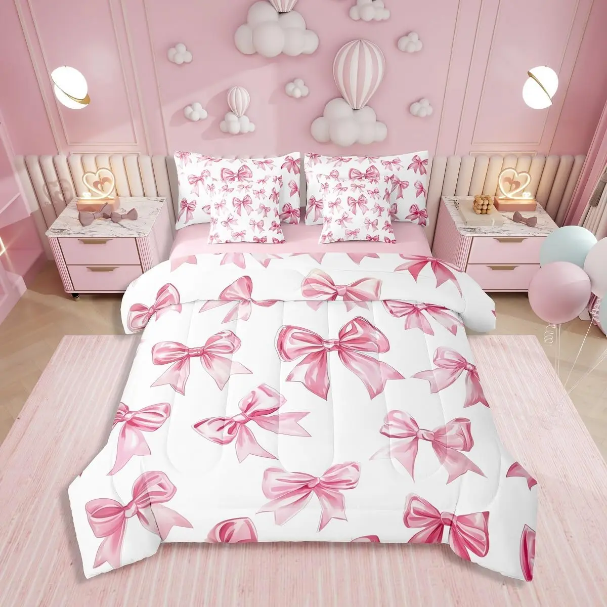 Feelyou Queen Size 7-Piece Soft Warm Microfiber Bedding Set - Kawaii Bowknot Design Comforter Set with Bed Sheets, Blankets, for Girls' Teen Room Decor, Soft Warm Bedding