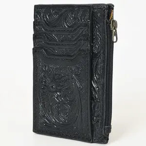 Western Leather Card Holder Bag with Hand-Tooled Floral Carved Full Grain Vegetable-Tanned Leather by American Darling
