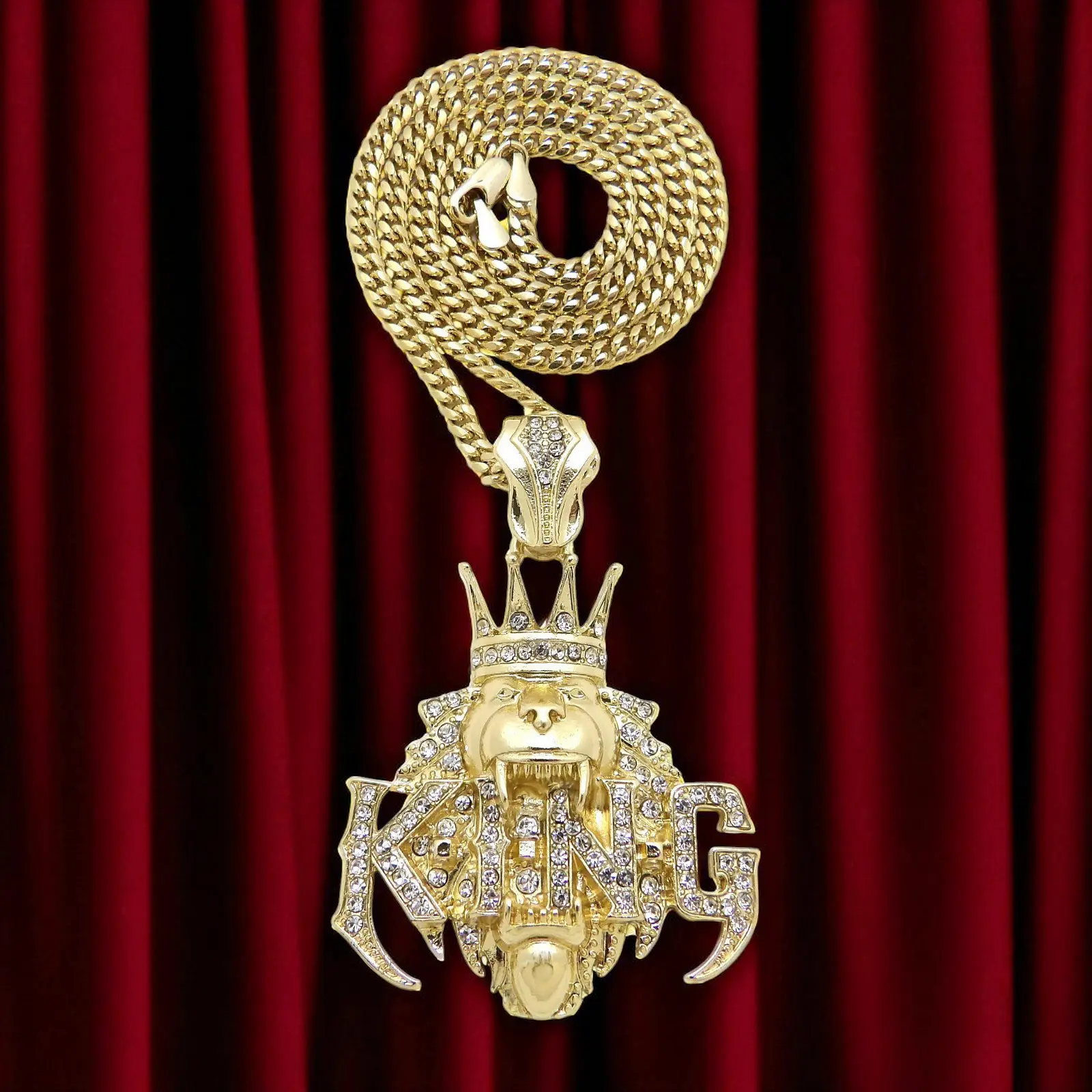 MaxBling81 Lion King Crowned Charm Pendant 4mm Cuban Link Chain Necklace - Brass Coated Gold Plated, Adjustable 18"/20"/24" Multi-Size, Unisex Daily Wear Chain Jewelry Necklaces Costume Fashion Accessory, Link Chain Necklaces