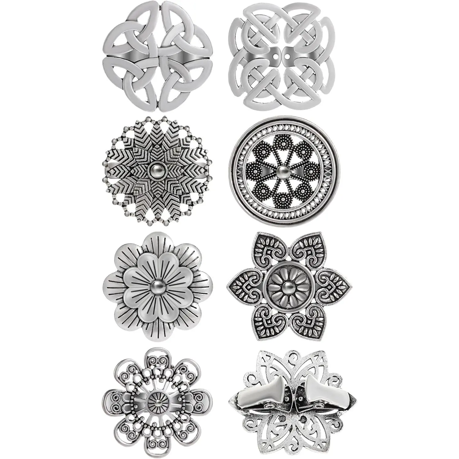 8 count Cardigan Sweater Shirt  Clips Retro Celtic Flower Shawl Coat Cape Cloak Dress Cinch Clasp  Brooches Pin Clips Set for Women Sliver