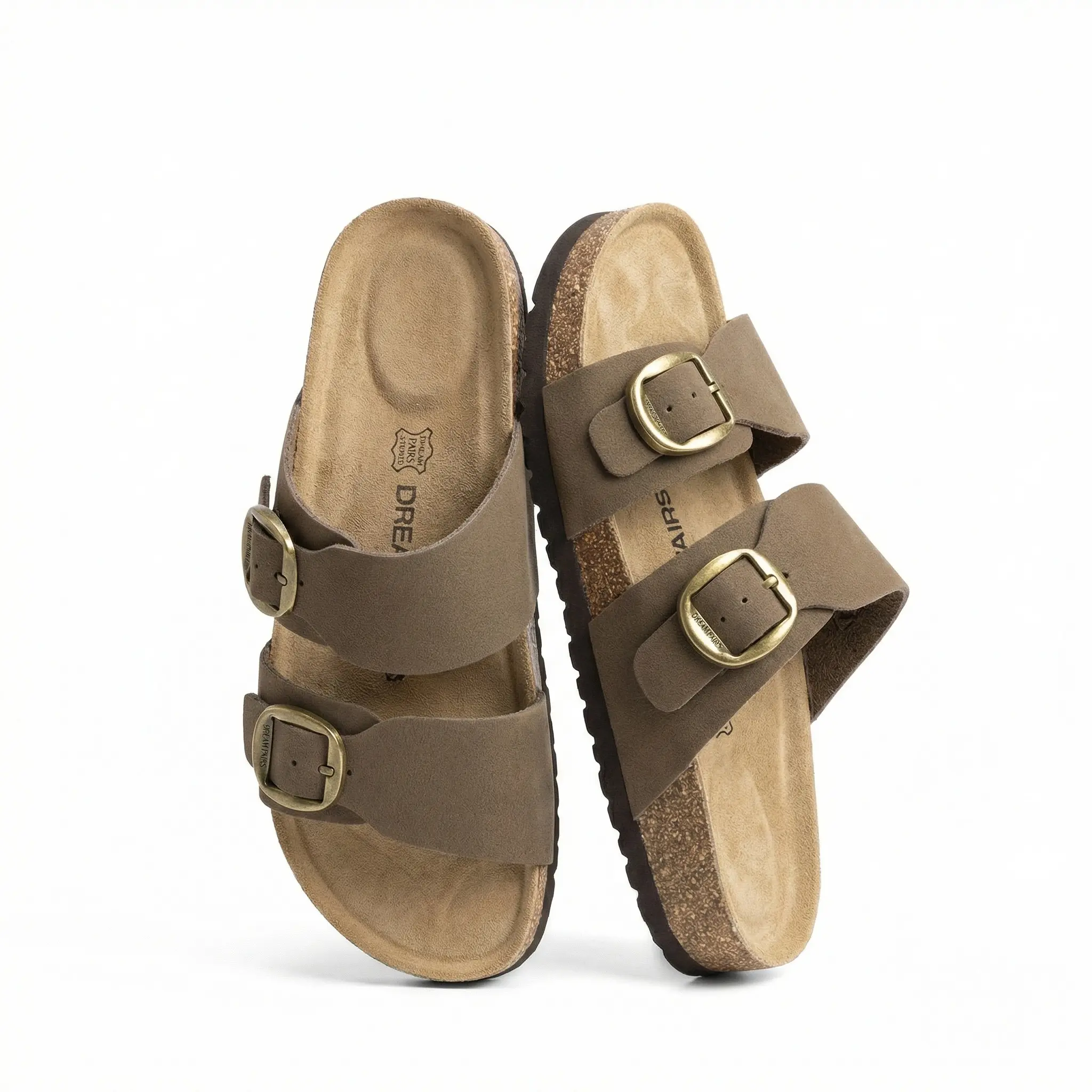Dream Pairs Women's Sandals, Double Buckle Leather Flat Slides with Arch Support and Custom Fit, Slip On, Adjustable, Archsupport, Sandals Women, Casual Wear, Flat Sole, Shoes, Archframe Dual Midsole, Footwear, Everyday Errands, Wide-Width Sandals