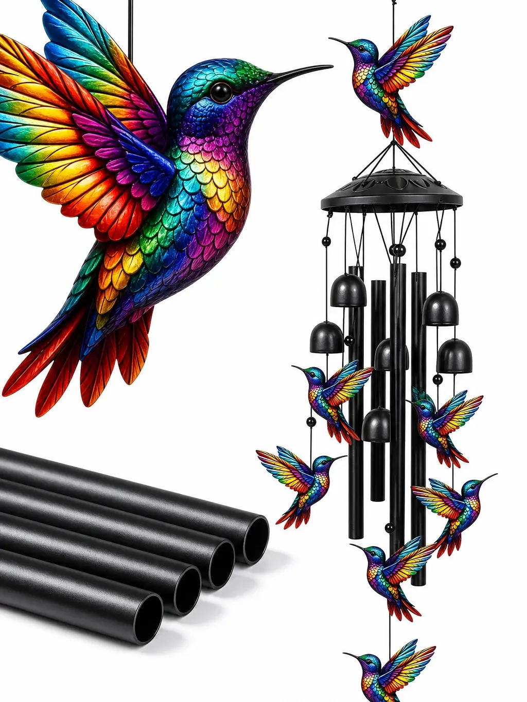 Hummingbird Wind Chimes Outdoor, Rainbow Metal Wind Chime with Bells, Sympathy Memorial Gift for Loss of Loved One, Unique Garden Gifts for Women, Mom, Grandma, Patio Porch Yard Hanging  accessory decor