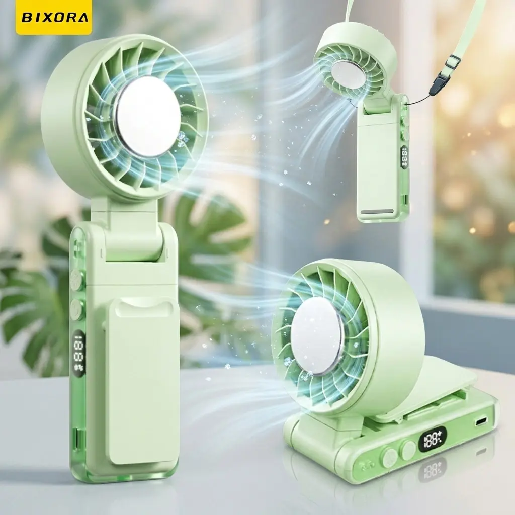 Bixora Rechargeable Wearable Personal Cooling Fan - Clip-on, Neck-hanging, Waist-mounted, 10-Second Rapid Cooling, 360° Flexible Adjustment, 5-Speed Settings, Multi-functional Clip, Ideal for Strollers, Office Use, Strong Airflow Rechargeable Pocket Fan