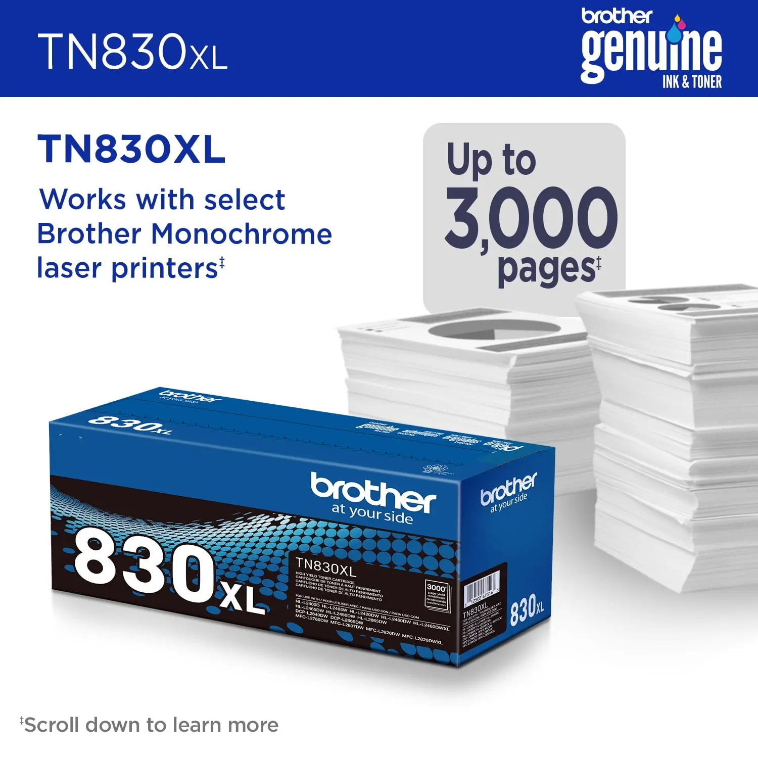 Brother Genuine TN830XL Black High-Yield Printer Toner Cartridge - Up to 3,000 Pages Print Capacity