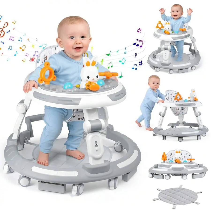 Foldable 4-in-1 Baby Activity Center - Safety-First Walker with Adjustable Height, Anti-Rollover Base, 8 Silent Wheels & 2 Anti-Slip Strips, Multi-Function Learning Walker & Dining Chair