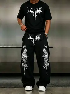 Geometric Print Street Style Short Sleeve Long Pants Trouser Set, Casual Home Wear, Comfortable Breathable, Loose, Men's and Women's Lounge Sets, Unisex