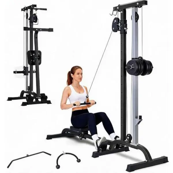 GARVEE 2-in-1 Rowing Machine + LAT Pulldown Cable System, Adjustable High/Low Pulley Stations - Compact Carbon Steel Home Gym Cardio & Strength Trainer - Color: All Black