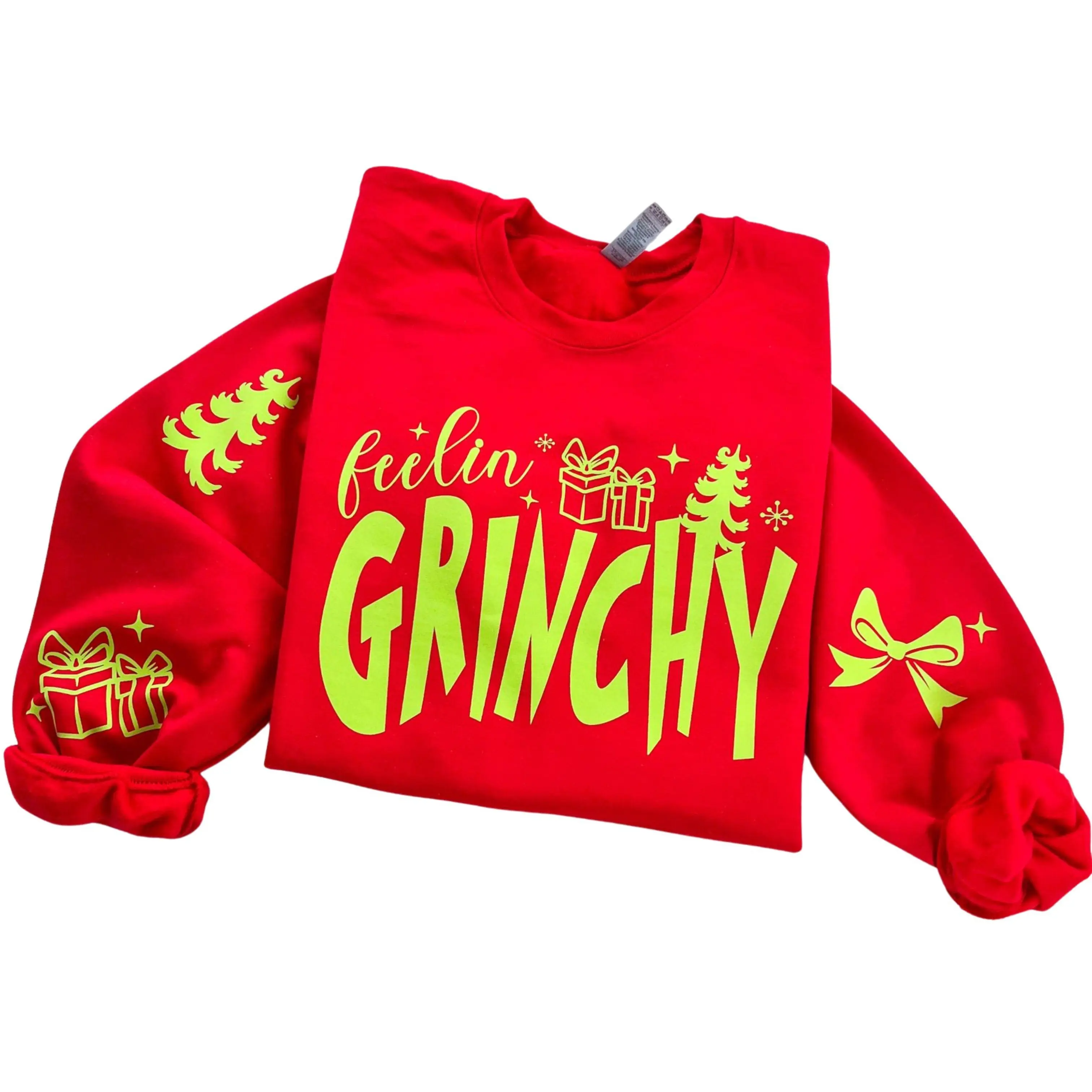 Feelin' Grinchy Retro Christmas Sweatshirt or Hoodie with sleeve prints Comfy Unisex Tops
