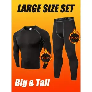 Quick-Dry Fleece-Lined Men's Athletic Thermal Underwear Set - Plus Size, Long Sleeve Top & High-Elastic Breathable Compression Leggings for Outdoor Sports & Home Warmth