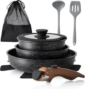 Removable Handle Pots and Pans, 10 Piece Black Granite Induction Cookware Sets Non Stick, Stackable RV Cookware Set for Camping