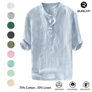 Runcati Mens 70% Cotton, 30% Linen Shirts Casual Cotton 3/4 Sleeve Regular-Fit Henley T-Shirt Summer Lightweight Beach Yoga Tops