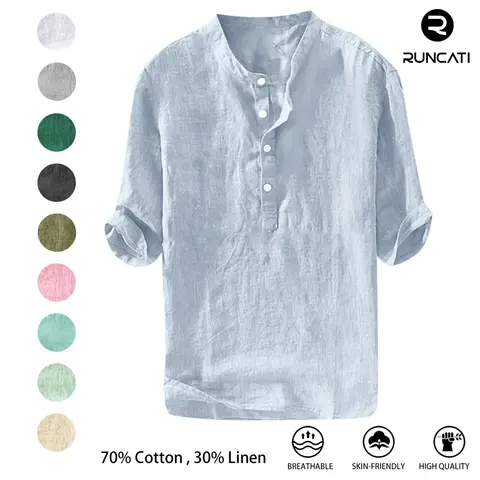 Runcati Men's Basic 70% Cotton-30% Linen Plain 3/4 Sleeve V-Neck Henley Shirt, Regular-Fit Aesthetic Neutral Men's Casual Shirts with Airy Sleeves, Light Cotton Casual Loose Top for Beach Yoga