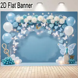 2D flat banner, 1pcBlue and White Floral Decorative Arch - Heart-Shaped Cutouts and Butterflies Birthday Party Backdrop with Balloon Clusters and Musical Note Prop - Ideal for Celebrations and Events Decoration