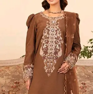 Zahra Rubab Farshi Shalwar Set with Intricate Embroidery and Puff Sleeves Brown Color