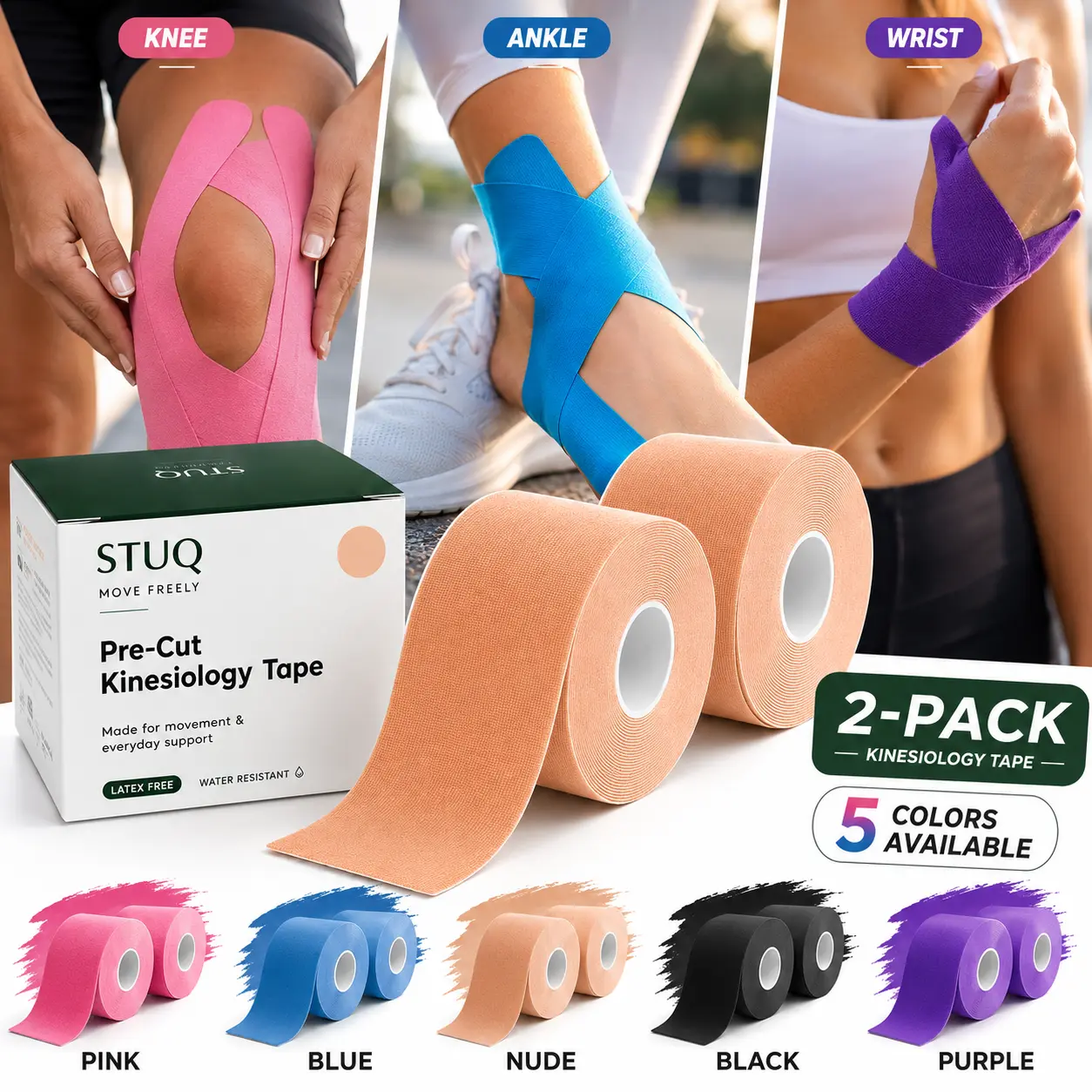 Kinesiology Tape, Pre-Cut Strips STUQ 40 Count 2 Rolls, Original Cotton Elastic Athletic Tape for Muscle Strain Relief & Joint Support, Waterproof & Breathable Sports Tape