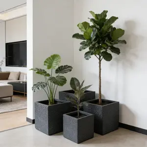 Large Outdoor Indoor Planter, 16.9-14.37-11.6 -9.25  Dia Square Magnesium Oxide Planter Set Of 4, Flower Pots With Drainage Holes,  Modern Design, Grey Color Planter For Home Garden Patio