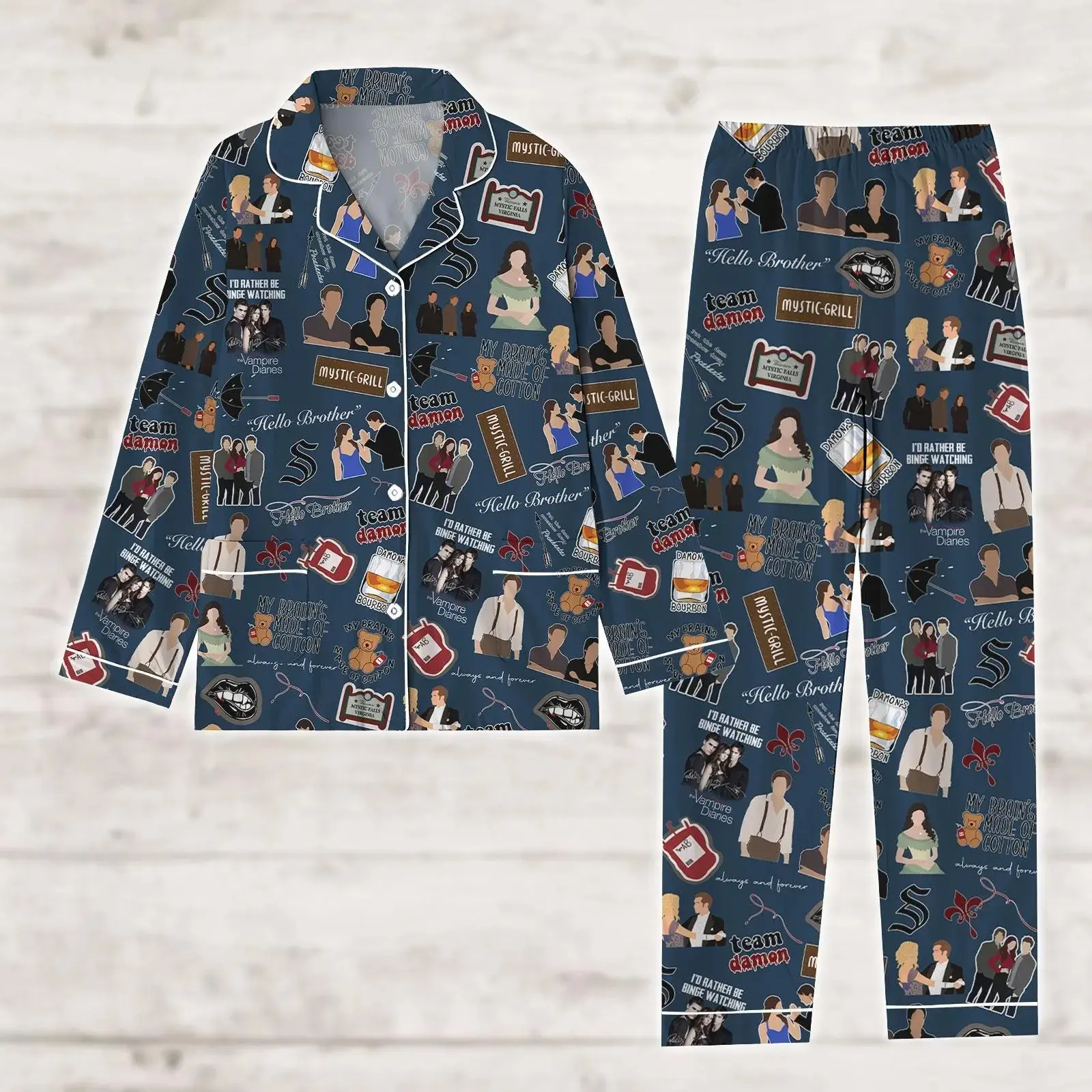 The Vampire Diaries Pajamas Long-Sleeve Set, Damon Salvatore Pajamas Set, Team Salvatore Women Pajamas, Vampire Diaries Long Sleeve Pajamas
